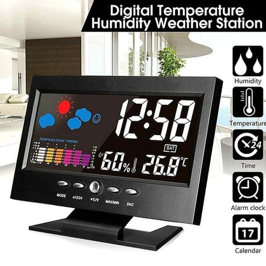 Digitaler LED Temperatur- und Feuchtigkeitsmonitor mit Wettervorhersage und Tischuhr