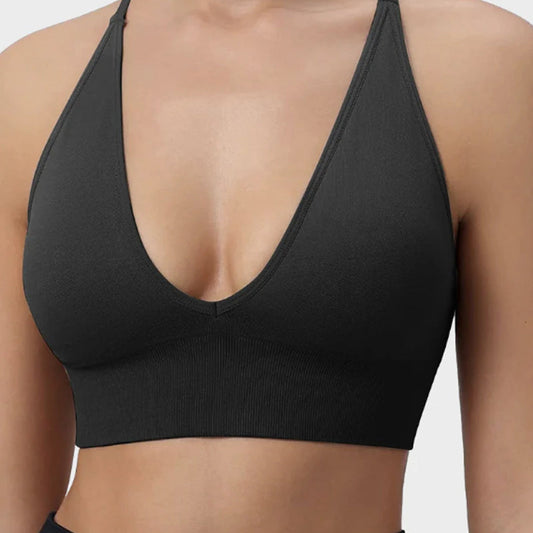 Brassière de sport sans coutures à col en V profond pour femme
