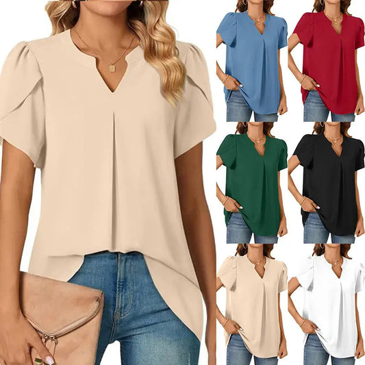 👚🎀Damen V-Ausschnitt einfarbig Kurzarm-Oberteil mit V-Ausschnitt