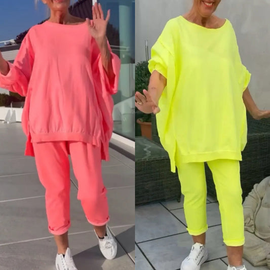 🎁💃Begrenzte Zeit 19% Rabatt💥Rundhalsausschnitt mit Schlitz. Fluoreszierender Freizeitanzug für Damen
