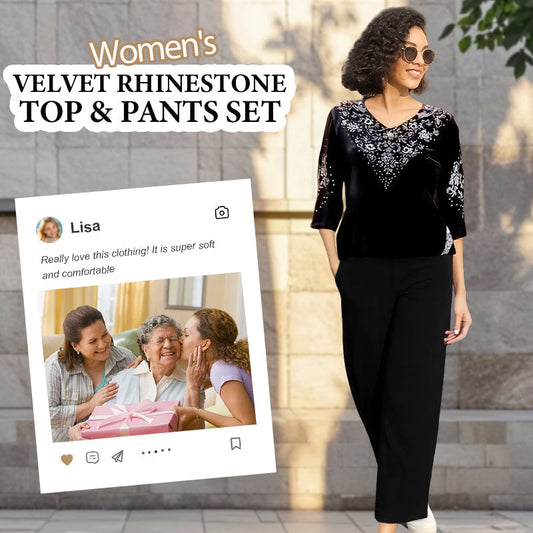 💃Nouveau design 2026🔥Ensemble top et pantalon en velours avec strass pour femme